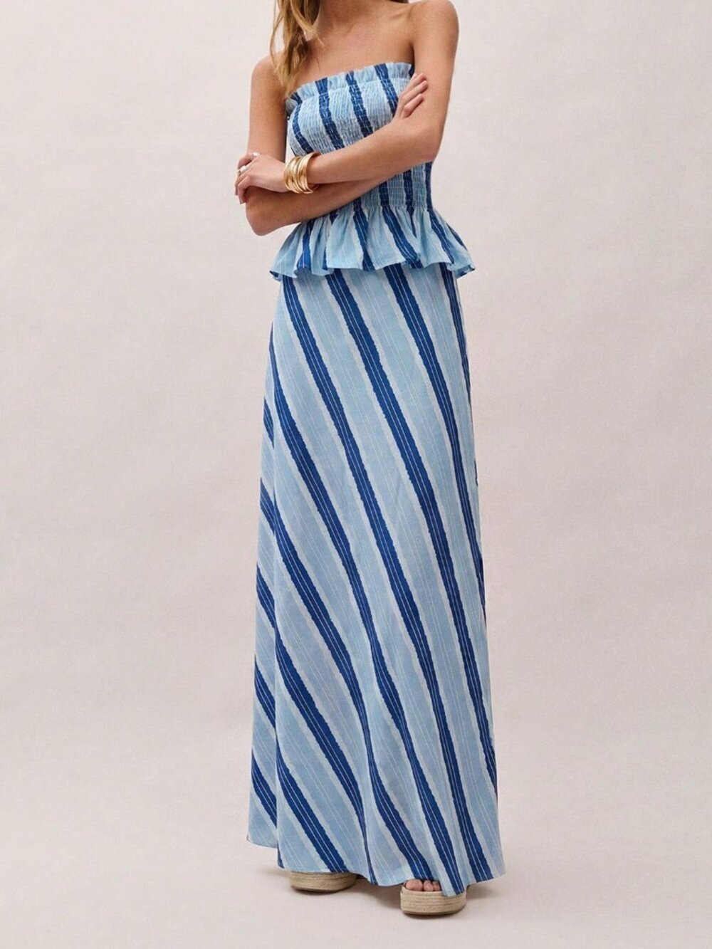 Blue Boho Women's Striped Strapless Two-Piece Set